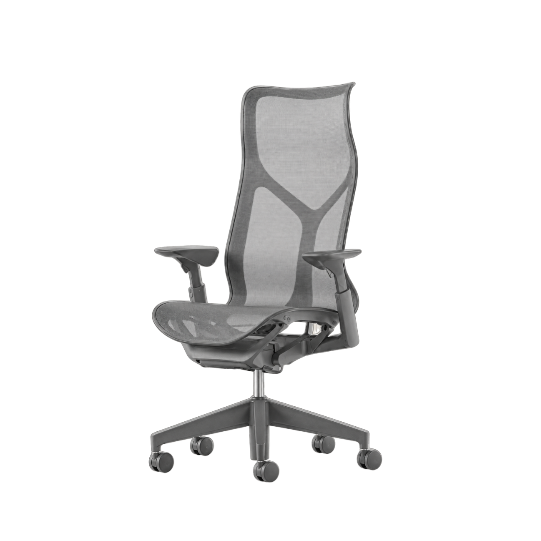 Cadeira Giratória Herman Miller Cosm Alta – Espaldar Alto em Tela, Braços Reguláveis e Cor Cinza