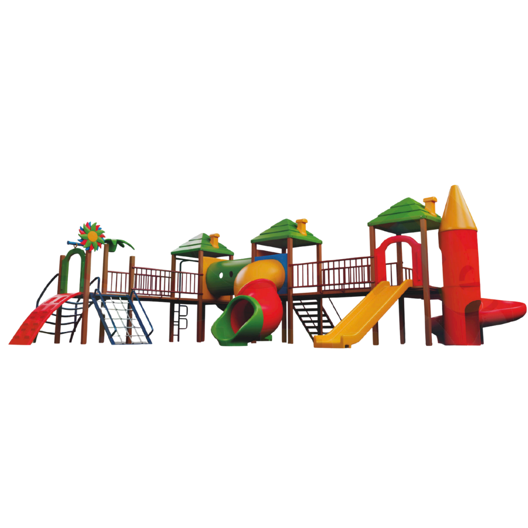 Parque Infantil Quatro Torres com Escorregadores, Tobogã, Rampas e Passarelas – Estrutura em Madeira Plástica