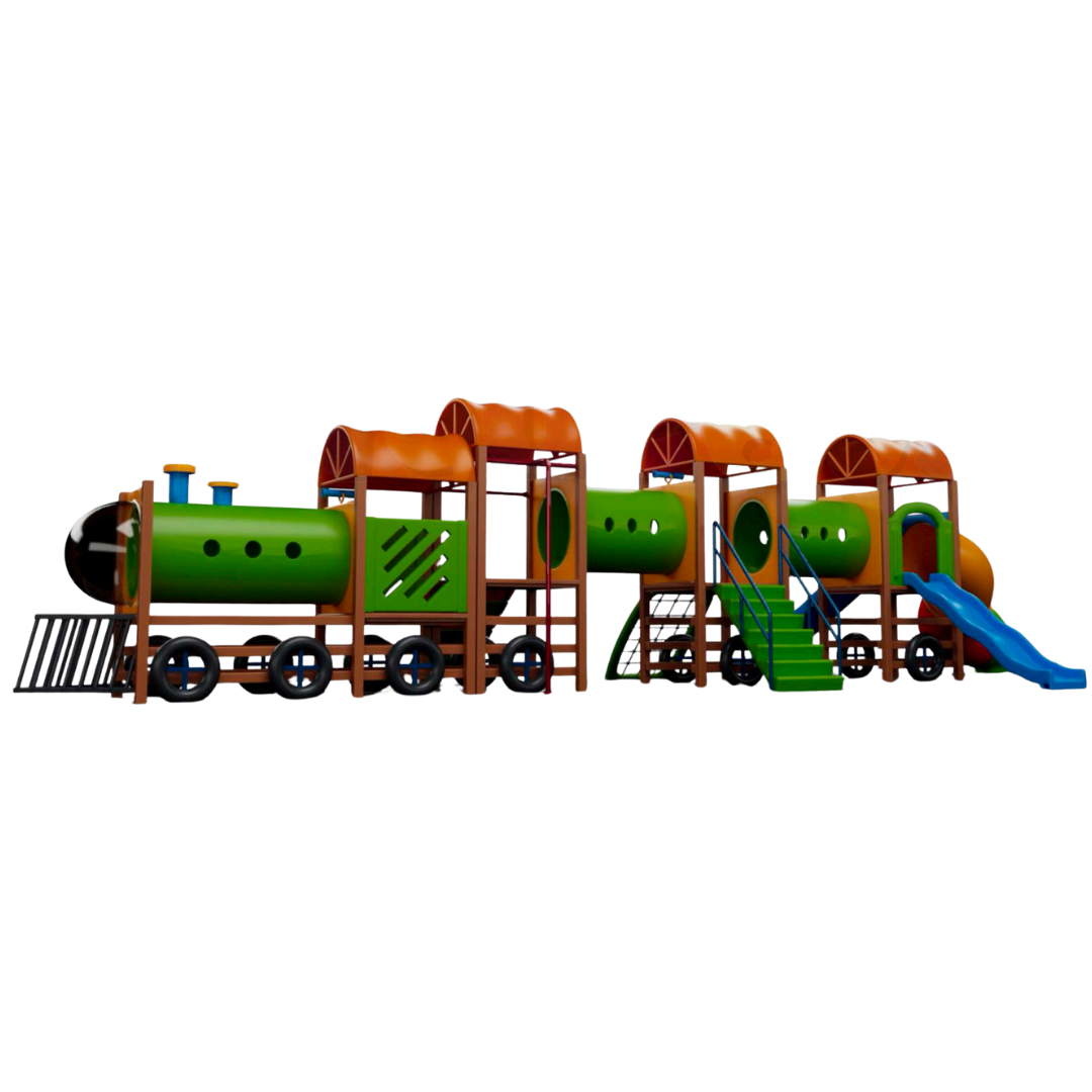 Playground Temático Trem com Túneis, Escorregadores, Tobogã e Rampas – Estrutura em Madeira Plástica