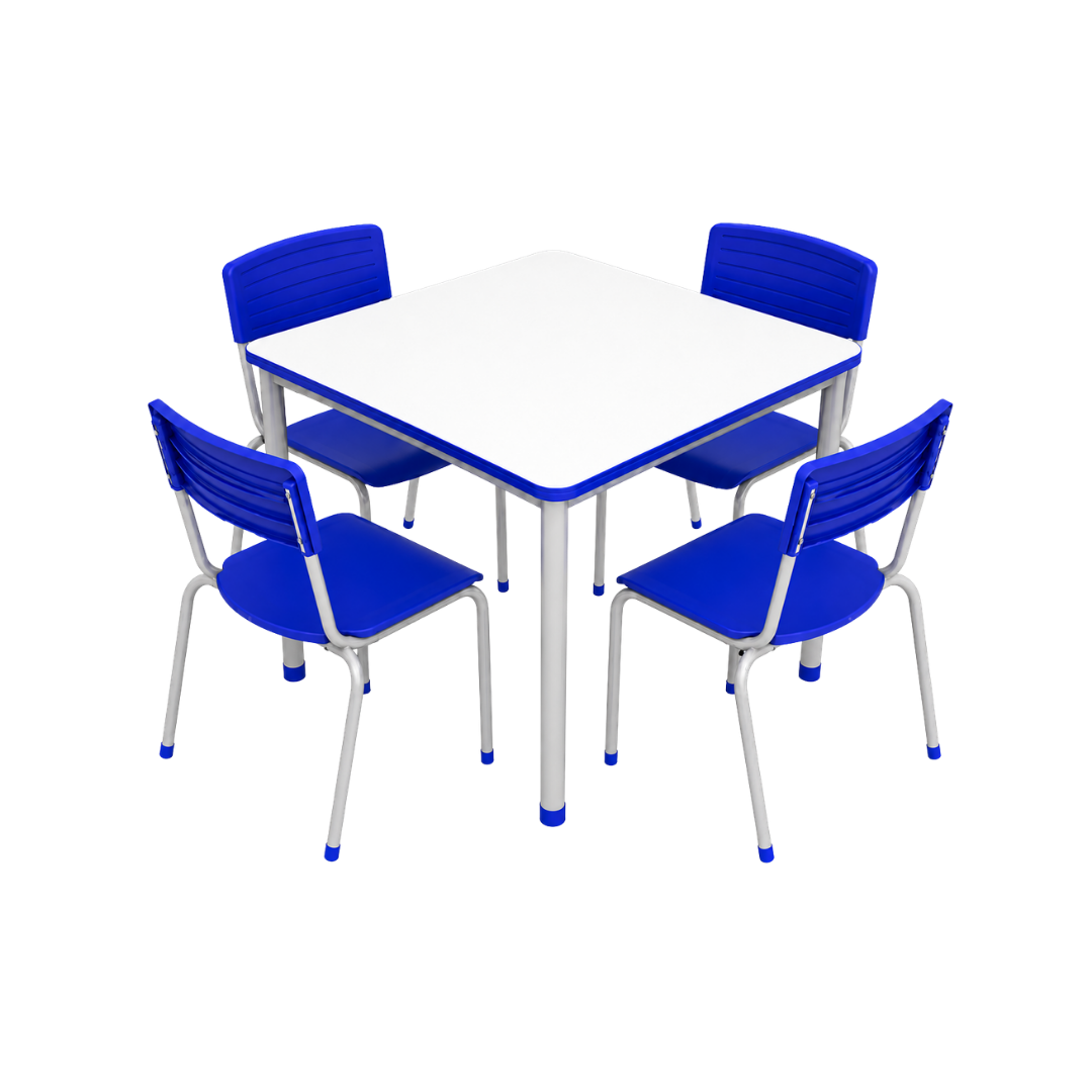 Conjunto Coletivo Escolar Quadrado Tamanho 6 com Mesa e 4 Cadeiras Empilháveis