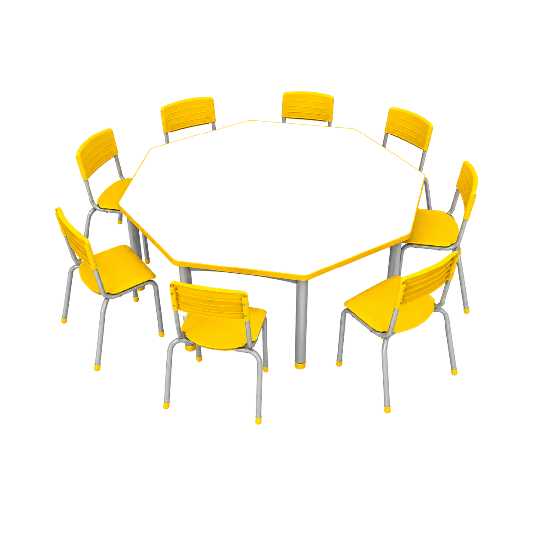 Conjunto Coletivo Escolar Octogonal Infantil com Mesa Circular e 8 Cadeiras Empilháveis