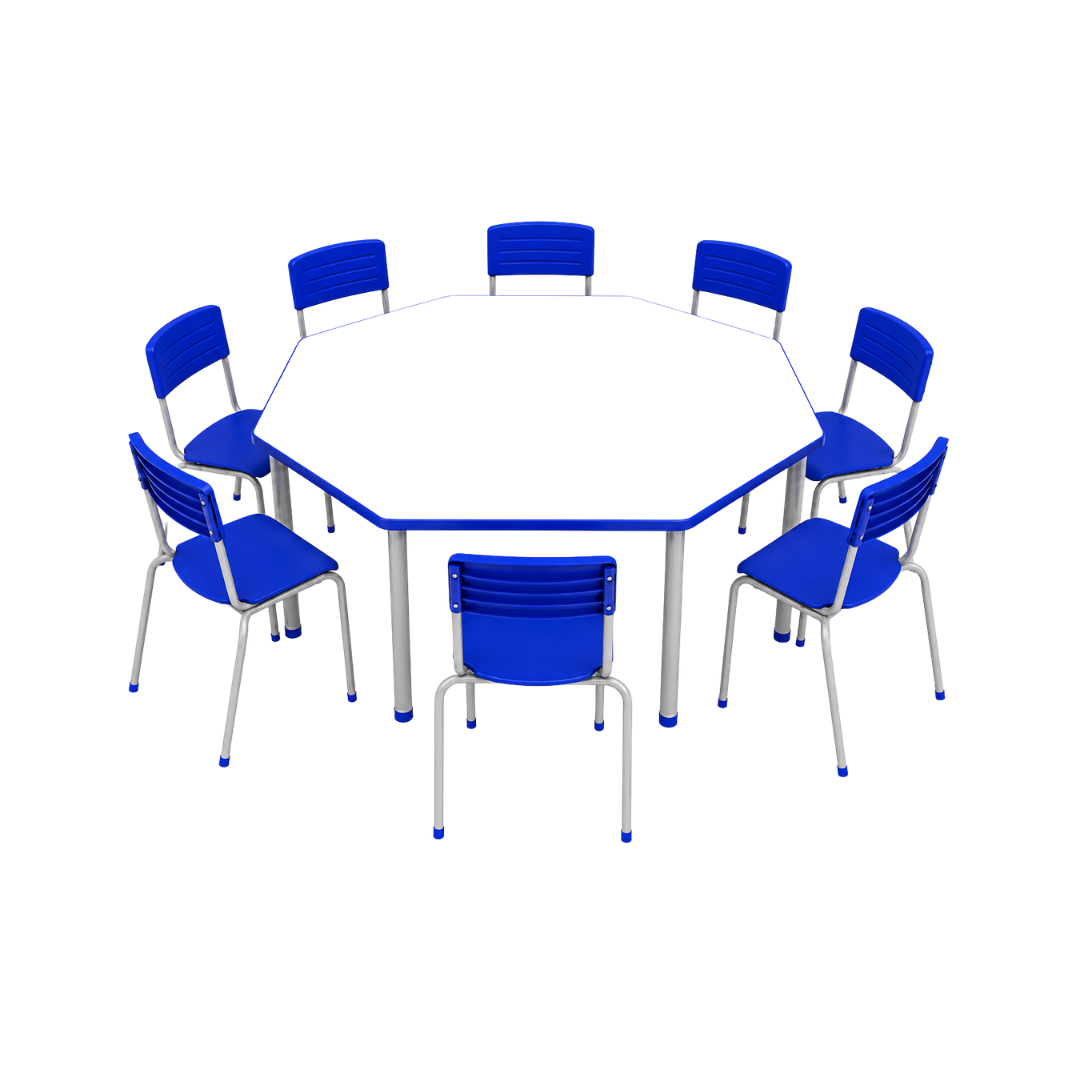 Conjunto Coletivo Escolar Octogonal Tamanho 6 com Mesa Circular e 8 Cadeiras Empilháveis