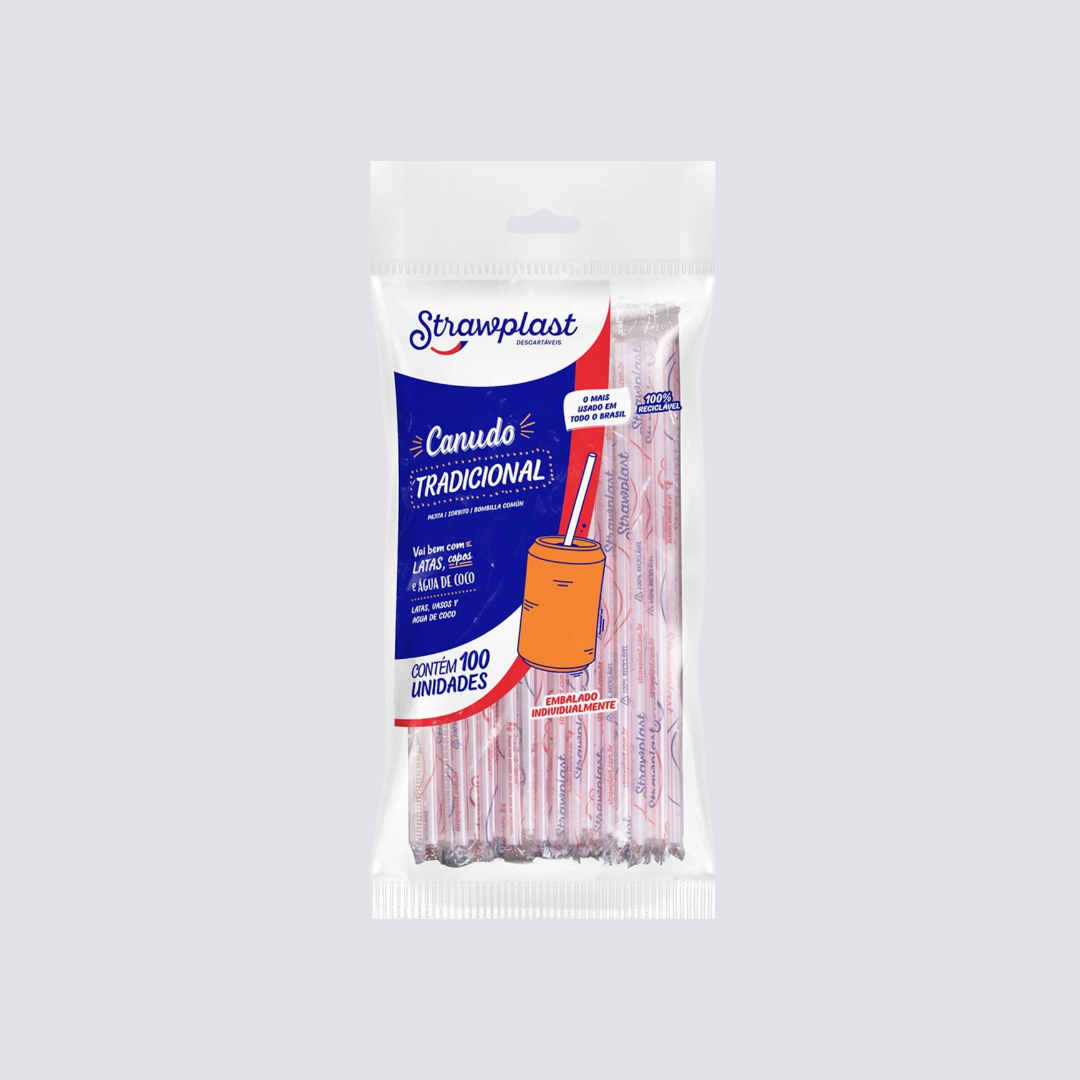 Canudo Descartável de Polipropileno 6 mm × 190 mm Branco com Listras Vermelhas – Pacote com 100 Unidades