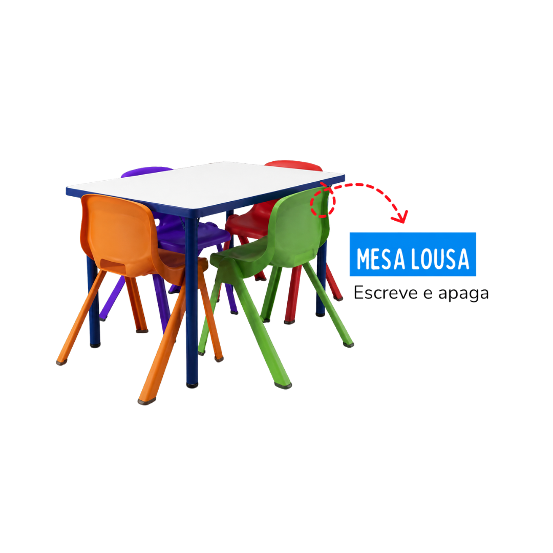 Conjunto Educacional Traços com Mesa Lousa e 4 Cadeiras Monobloco