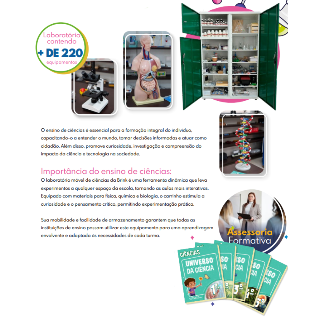 Laboratório de Ciências – Anos Iniciais (1º ao 5º ano) – Armário Metálico com Materiais, Equipamentos, Suporte Pedagógico e Livros (Aluno e Professor)