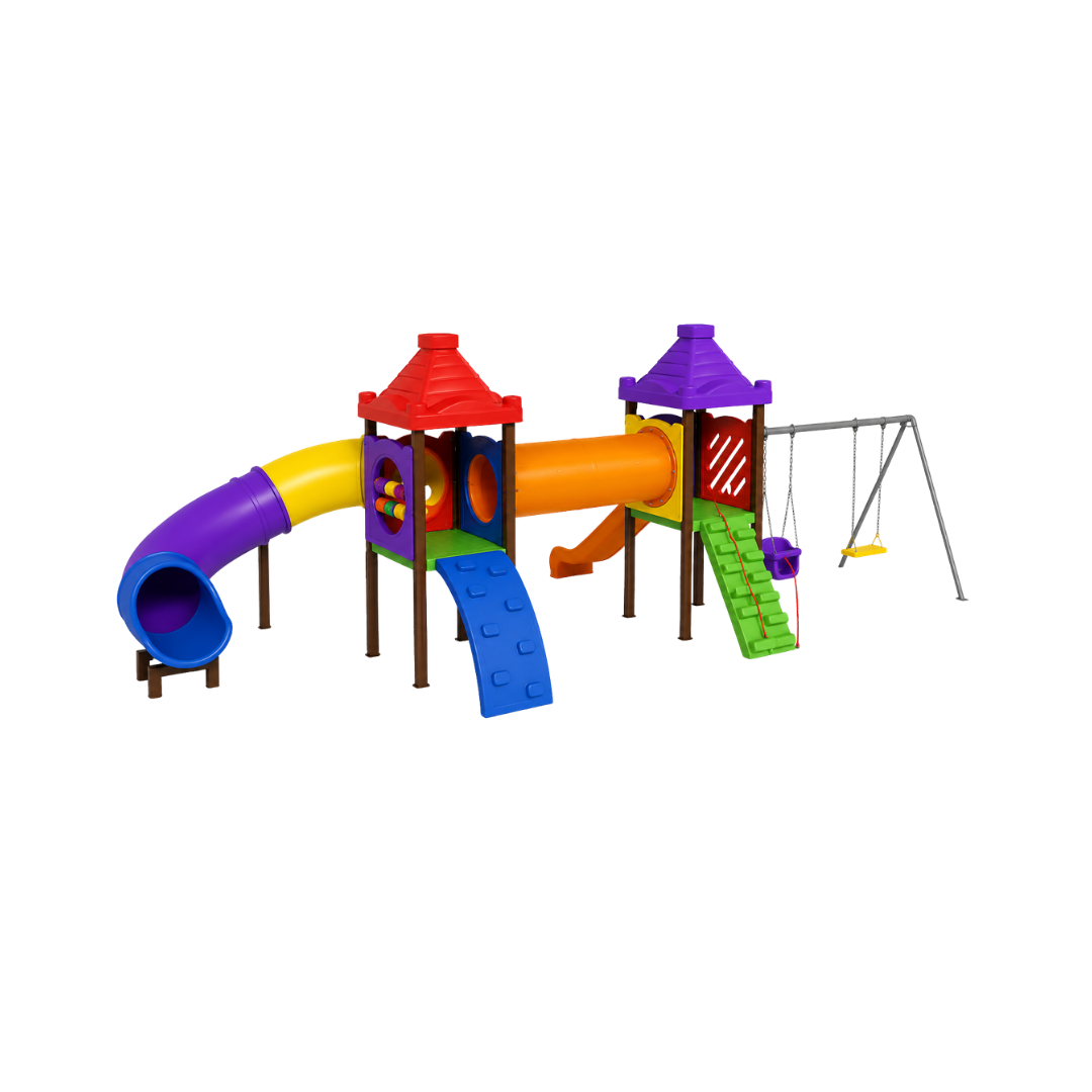 Playground Recreativo Duas Torres Rotomoldado com Túnel e Escorregadores