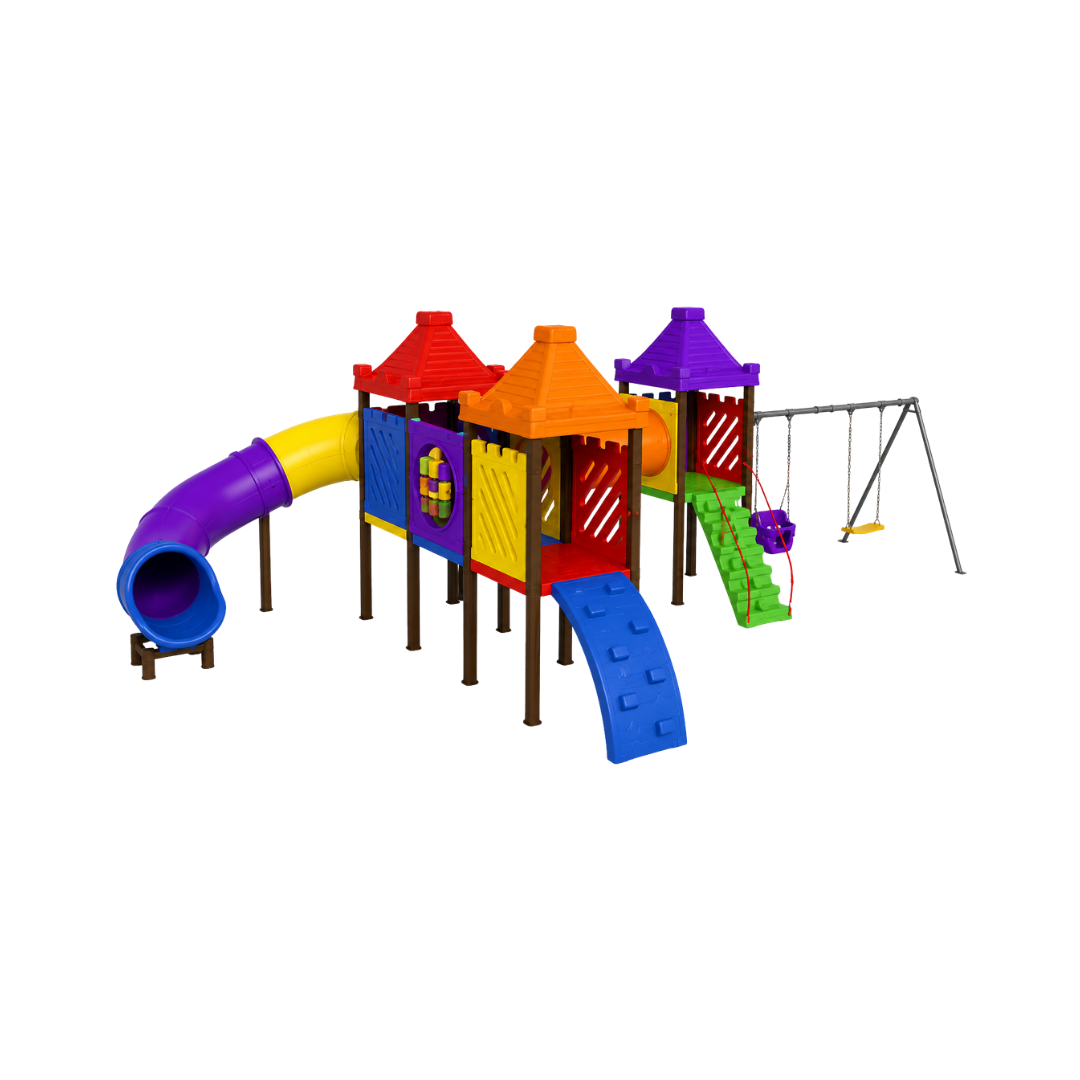 Playground Recreativo 3 Torres Rotomoldado com Túnel, Escorregador e Balanços