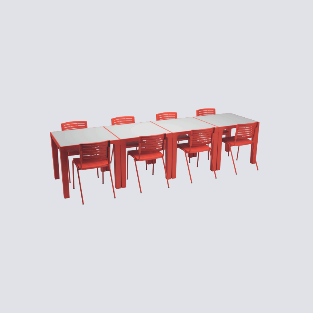 Conjunto Refeitório Adulto 8 Lugares – Mesa 3200×800 × 720 mm + 8 Cadeiras – Termoplástico & Aço