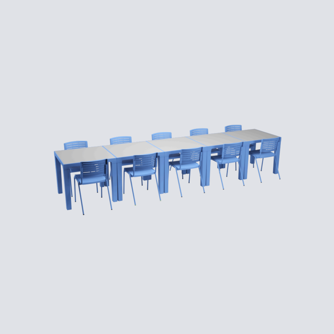 Conjunto Refeitório Adulto 10 Lugares – Mesa 4000×800 × 720 mm + 8 Cadeiras – Termoplástico & Aço