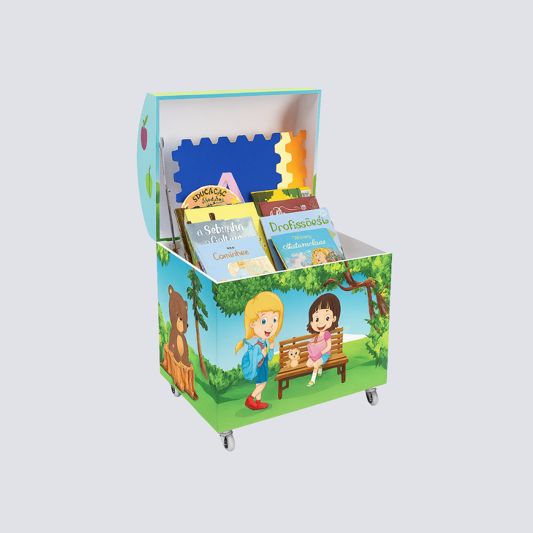 Baú Biblioteca Infantil Móvel – Acervo Lúdico 0‑6 anos com Tapete EVA